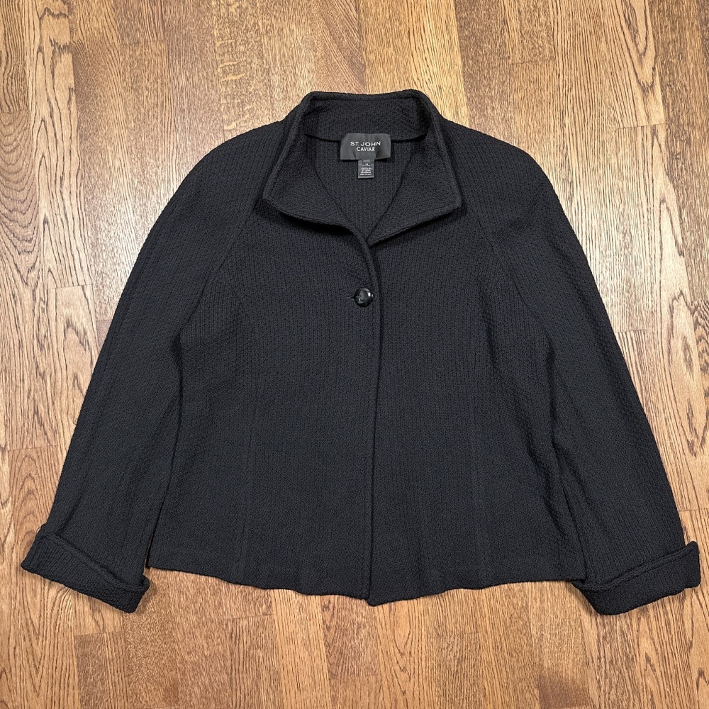 St John Caviar Wool Knit Mock Neck Cardigan Blazer Jacket Womens 12